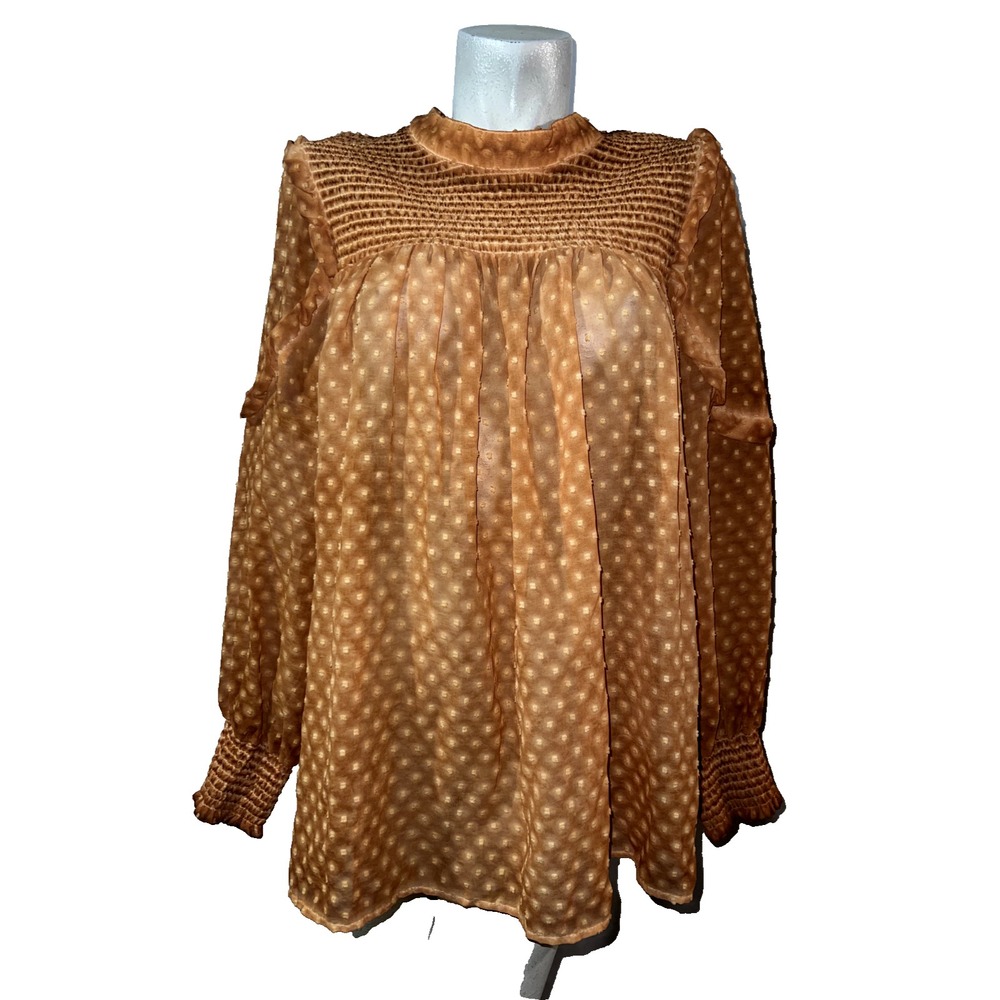 Indigo Thread Co Womens 2X Copper Brown Smocked Mock Neck Clip Dot Blouse Top
